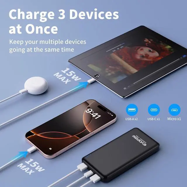 Alt view image 4 of 7 - 2-Pack Portable Charger Slimmer 10000mAh 15W Power Bank USB C in&Out Fast Charging Battery Pack External Portable Power Bank for iPhone 16 15 14 13 12 iPad Airpods  S23 S22 Pixel etc