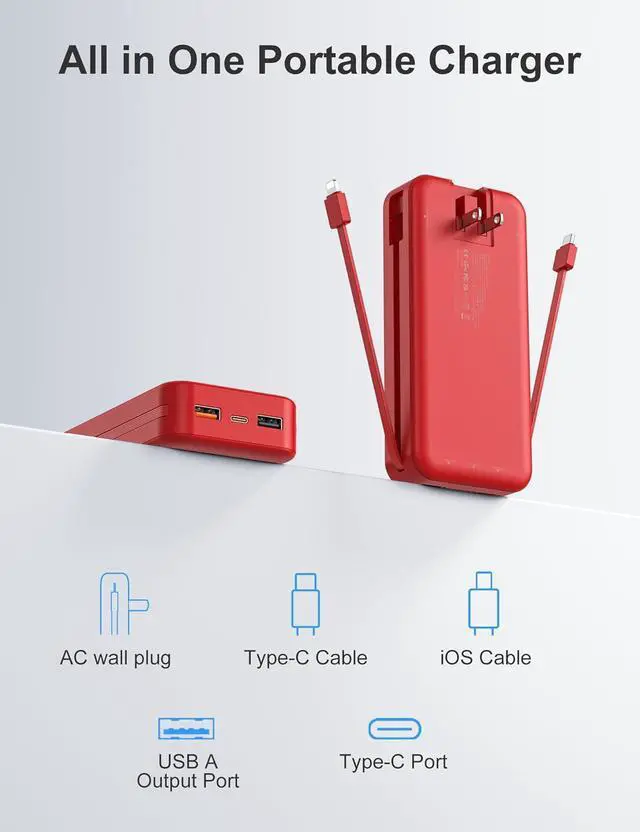 Alt view image 2 of 7 - 20000mAh Ultra-Portable-Charger-Power-Bank with Built in Cables&AC Wall Plug PD20W USB-C Fast Charging Cell Phone Charger Battery Pack LED Display Travel Battery Bank for All iPhone  Android