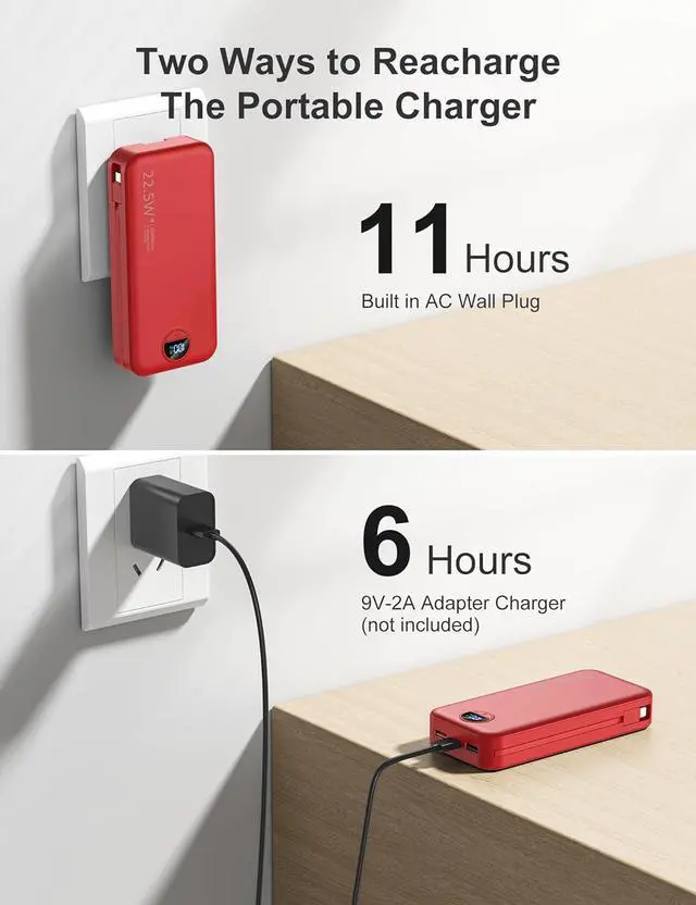 Alt view image 5 of 7 - 20000mAh Ultra-Portable-Charger-Power-Bank with Built in Cables&AC Wall Plug PD20W USB-C Fast Charging Cell Phone Charger Battery Pack LED Display Travel Battery Bank for All iPhone  Android