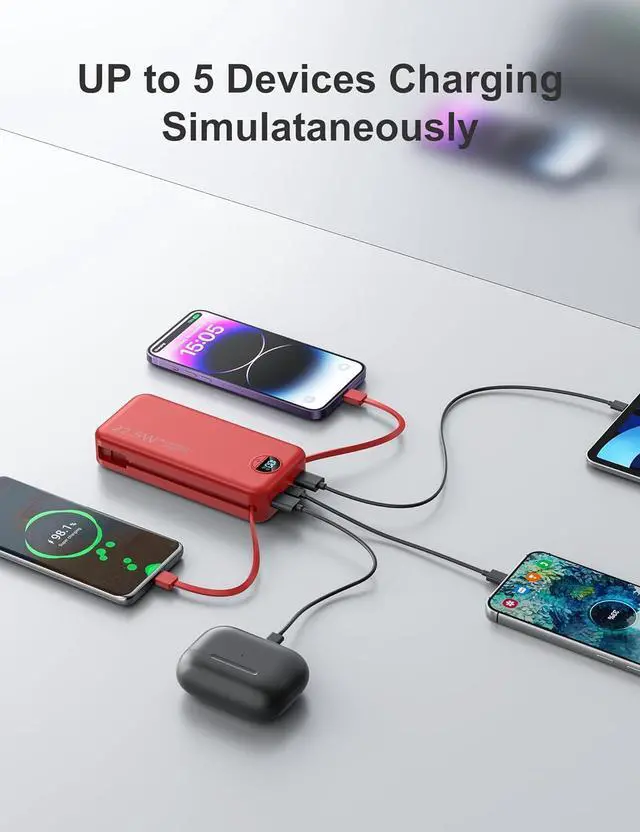 Alt view image 7 of 7 - 20000mAh Ultra-Portable-Charger-Power-Bank with Built in Cables&AC Wall Plug PD20W USB-C Fast Charging Cell Phone Charger Battery Pack LED Display Travel Battery Bank for All iPhone  Android