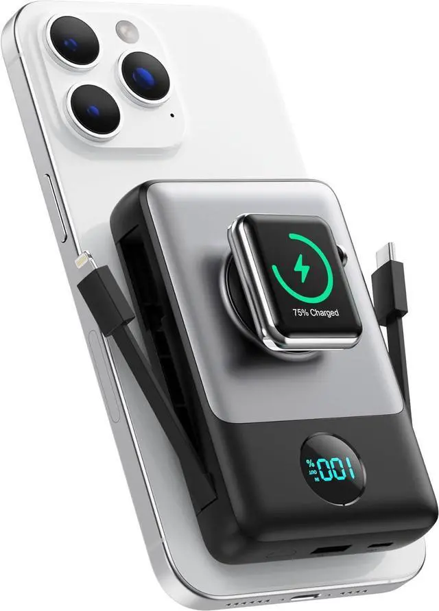 Main image of Magnetic Portable Charger 10800mAh for iPhone with Built-in Cables 6-in-1 Wireless Power Bank with iWatch Charger LCD Display 25W PD Fast Charging Battery Pack for iPhone 16/15/14/13/12  Watch