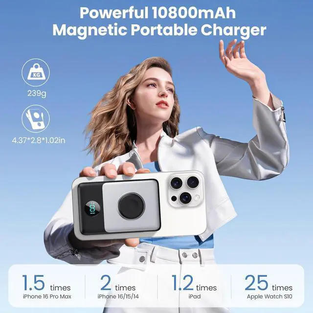 Alt view image 2 of 7 - Magnetic Portable Charger 10800mAh for iPhone with Built-in Cables 6-in-1 Wireless Power Bank with iWatch Charger LCD Display 25W PD Fast Charging Battery Pack for iPhone 16/15/14/13/12  Watch