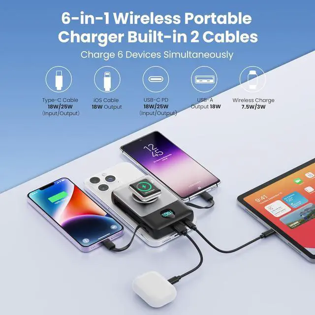 Alt view image 3 of 7 - Magnetic Portable Charger 10800mAh for iPhone with Built-in Cables 6-in-1 Wireless Power Bank with iWatch Charger LCD Display 25W PD Fast Charging Battery Pack for iPhone 16/15/14/13/12  Watch