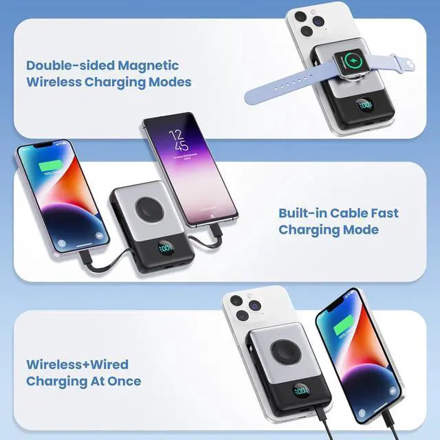 Alt view image 4 of 7 - Magnetic Portable Charger 10800mAh for iPhone with Built-in Cables 6-in-1 Wireless Power Bank with iWatch Charger LCD Display 25W PD Fast Charging Battery Pack for iPhone 16/15/14/13/12  Watch