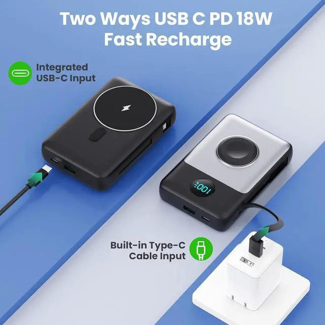 Alt view image 6 of 7 - Magnetic Portable Charger 10800mAh for iPhone with Built-in Cables 6-in-1 Wireless Power Bank with iWatch Charger LCD Display 25W PD Fast Charging Battery Pack for iPhone 16/15/14/13/12  Watch