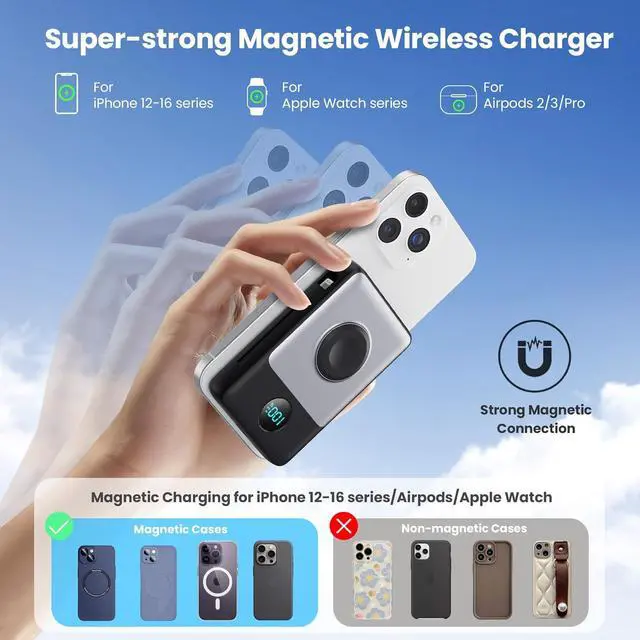Alt view image 7 of 7 - Magnetic Portable Charger 10800mAh for iPhone with Built-in Cables 6-in-1 Wireless Power Bank with iWatch Charger LCD Display 25W PD Fast Charging Battery Pack for iPhone 16/15/14/13/12  Watch