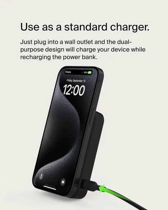 Alt view image 7 of 7 - Portable Charger Wireless Power Bank 10 000mAh w/ Qi2 MagSafe Compatible + Built-in Pop-up Kickstand - Compatible w/iPhone 16 15 14 Plus Pro Pro Max and More - Black