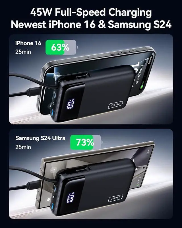 Alt view image 2 of 7 - 45W Portable Charger Smallest 20000mAh Power Bank with Build in USB-C Cable Fast Charging USB C in&Out Battery Pack Travel Phone Charger for iPhone 16 15  S25 S24 Google iPad etc