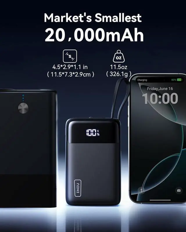 Alt view image 3 of 7 - 45W Portable Charger Smallest 20000mAh Power Bank with Build in USB-C Cable Fast Charging USB C in&Out Battery Pack Travel Phone Charger for iPhone 16 15  S25 S24 Google iPad etc