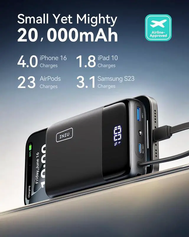 Alt view image 5 of 7 - 45W Portable Charger Smallest 20000mAh Power Bank with Build in USB-C Cable Fast Charging USB C in&Out Battery Pack Travel Phone Charger for iPhone 16 15  S25 S24 Google iPad etc