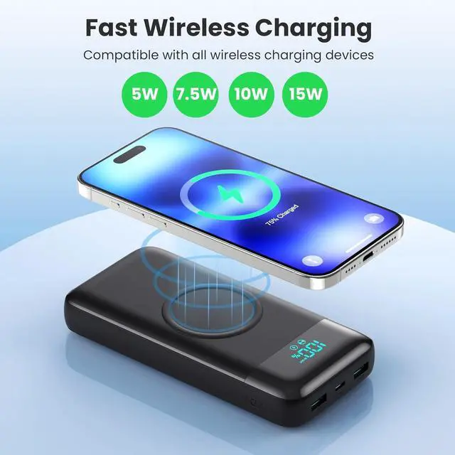 Alt view image 2 of 7 - Wireless Portable Charger 40800mAh with 3 Built-in Cables 7-in-1 15W Wireless Charging Power Bank 25W PD QC 4.0 Fast Charging USB C LCD Display Battery Pack for iPhone 16/15/13/12  Android etc