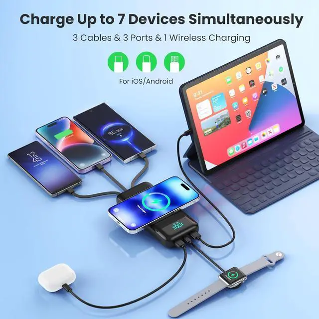 Alt view image 3 of 7 - Wireless Portable Charger 40800mAh with 3 Built-in Cables 7-in-1 15W Wireless Charging Power Bank 25W PD QC 4.0 Fast Charging USB C LCD Display Battery Pack for iPhone 16/15/13/12  Android etc