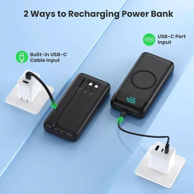 Alt view image 4 of 7 - Wireless Portable Charger 40800mAh with 3 Built-in Cables 7-in-1 15W Wireless Charging Power Bank 25W PD QC 4.0 Fast Charging USB C LCD Display Battery Pack for iPhone 16/15/13/12  Android etc