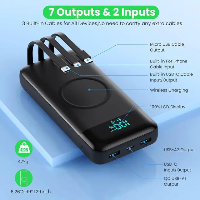 Alt view image 5 of 7 - Wireless Portable Charger 40800mAh with 3 Built-in Cables 7-in-1 15W Wireless Charging Power Bank 25W PD QC 4.0 Fast Charging USB C LCD Display Battery Pack for iPhone 16/15/13/12  Android etc