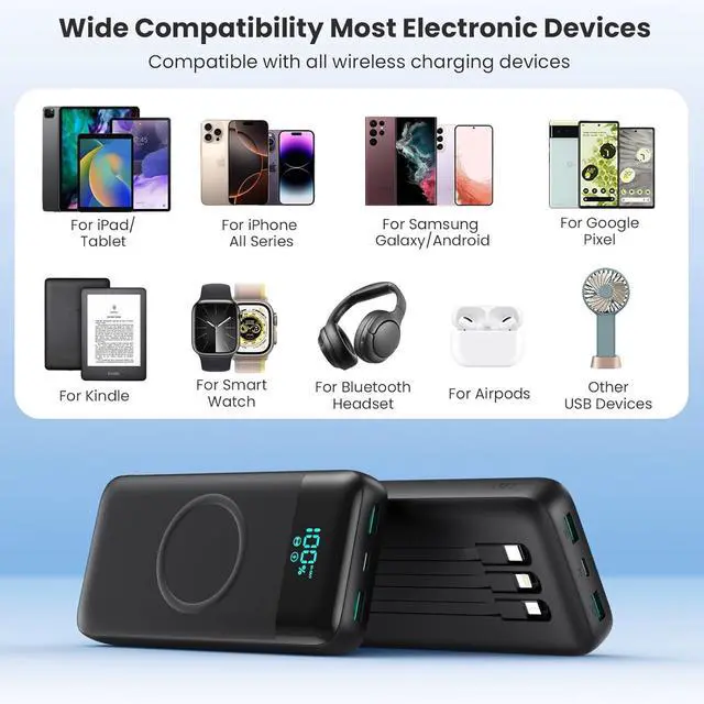 Alt view image 7 of 7 - Wireless Portable Charger 40800mAh with 3 Built-in Cables 7-in-1 15W Wireless Charging Power Bank 25W PD QC 4.0 Fast Charging USB C LCD Display Battery Pack for iPhone 16/15/13/12  Android etc