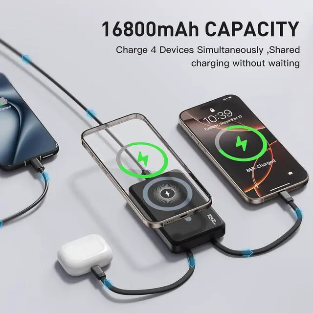 Alt view image 2 of 7 - 2025 Latest Magnetic Wireless Power Bank 16800mAh Portable Charger with 2 Built in Cables LED Display Magnetic Battery Pack Travel Essentials for iPhone 16/15/14/13/12/Pro/Mini/Pro Max Andriod
