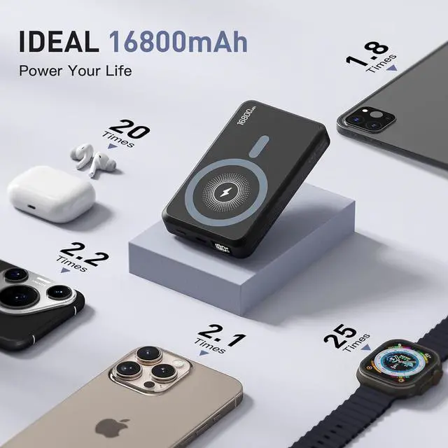 Alt view image 3 of 7 - 2025 Latest Magnetic Wireless Power Bank 16800mAh Portable Charger with 2 Built in Cables LED Display Magnetic Battery Pack Travel Essentials for iPhone 16/15/14/13/12/Pro/Mini/Pro Max Andriod