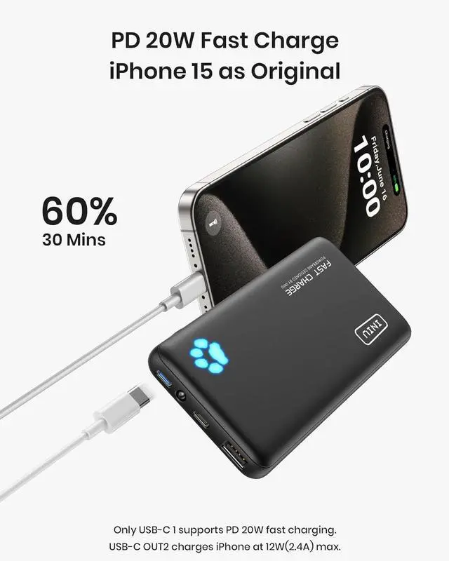 Alt view image 2 of 7 - Portable Charger 20W PD3.0 Fast Charging Slimmest 10000mAh Power Bank USB C in/Out QC4+ Battery Pack Portable Phone Charger for iPhone 16 15 14 13 12 Pro  S22 S21 Google AirPods iPad
