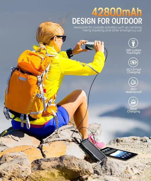 Alt view image 2 of 7 - Power-Bank-Solar-Charger - 42800mAh Portable Charger Solar Power Bank External Battery Pack 5V3.1A Qc 3.0 Fast Charger Built-in Super Bright Flashlight (Deep Black)