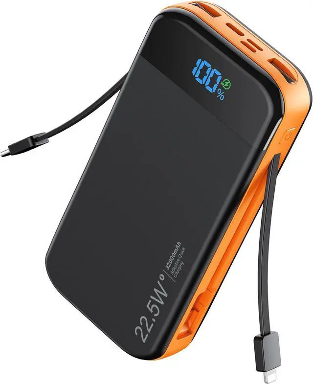 Main image of Portable Charger Power Bank 32000mAh with Built in Cables PD3.0 USB C Fast Phone Charger 5 Outputs LCD Display Travel Battery Pack Compatible with iPhone  All Cell Phones (Orange)