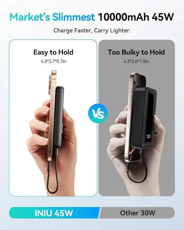 Alt view image 7 of 7 - Portable Charger Lightest 10000mAh 45W PD Power Bank USB C in&Out Fast Charging Battery Pack External Phone Powerbank Compatible with iPhone 16 15 14 13  S22 S21 Google iPad etc