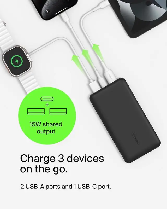 Alt view image 2 of 7 - Portable Charger USB-C Power Bank 20 000mAh w/ 2 USB-A Ports 15W w/ Type-A to Type-C Cable for iPhone 16 16 Plus 16 Pro 16 Pro Max  Galaxy S25 Galaxy S24 Pixel 9 & More - Black