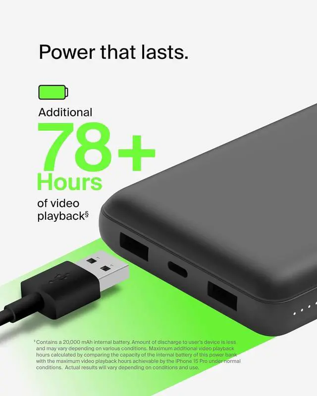 Alt view image 3 of 7 - Portable Charger USB-C Power Bank 20 000mAh w/ 2 USB-A Ports 15W w/ Type-A to Type-C Cable for iPhone 16 16 Plus 16 Pro 16 Pro Max  Galaxy S25 Galaxy S24 Pixel 9 & More - Black