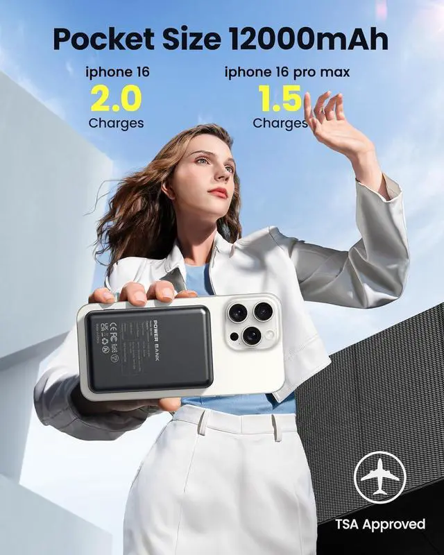 Alt view image 2 of 7 - for Magsafe Battery Pack 12000mAh Magnetic Portable Charger Power Bank PD 22.5W USB C Fast Charging Wireless Battery Pack Phone Charger for iPhone 16/15/14/13/12 All Series