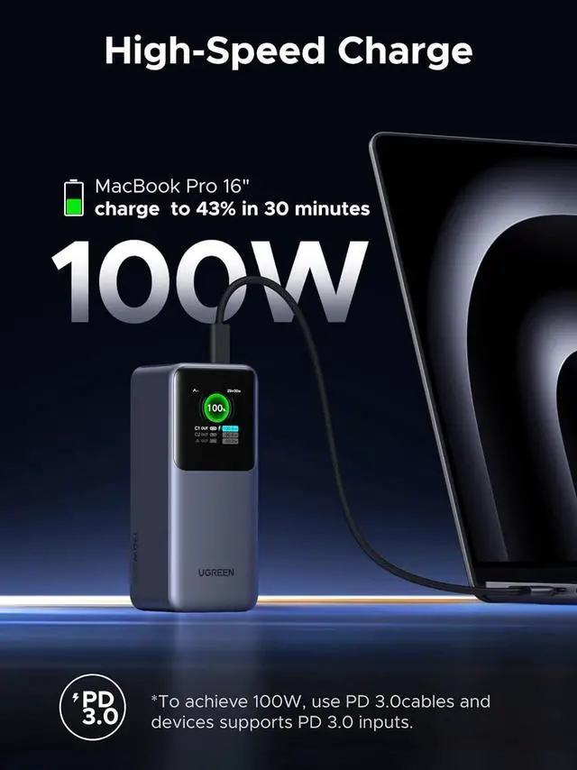 Alt view image 2 of 7 - UGREEN Nexode Power Bank 20000mAh 130W Portable Charger 72Wh PD Fast Charging 3-Port USB C Battery Pack with TFT Smart Display for MacBook/iPad/iPhone 16/Samsung S24 and More