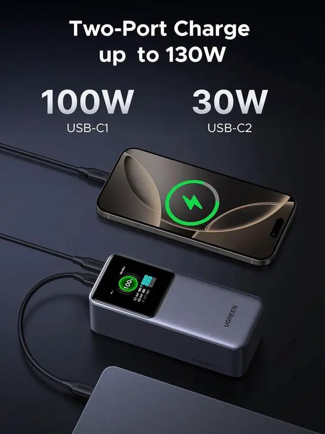 Alt view image 6 of 7 - UGREEN Nexode Power Bank 20000mAh 130W Portable Charger 72Wh PD Fast Charging 3-Port USB C Battery Pack with TFT Smart Display for MacBook/iPad/iPhone 16/Samsung S24 and More