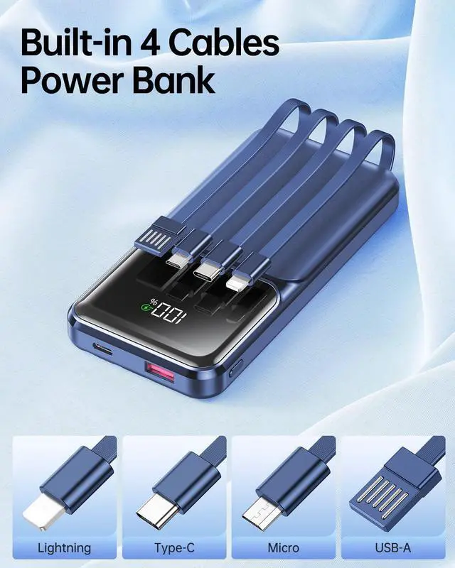Alt view image 2 of 7 - Portable Charger with Built in Cable - 20000mAh Fast Charging Slim 22.5W Power Bank USB C LED Display Battery Pack 5 Outputs & 3 Inputs for Travel Essentials iPhone  Android Phones Tablets etc