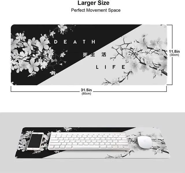 Alt view image 2 of 5 - Isptewhie Black and White Cherry Blossom Gaming Mouse Pad XL  Extended Large Mouse Mat Desk Pad  Stitched Edges Mousepad  Long Nonslip Rubber Base Mice Pad  31.5 X 11.8 Inch
