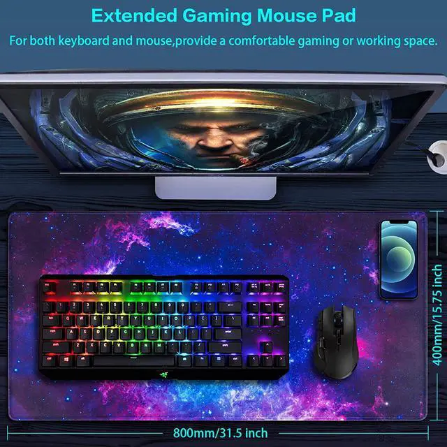 Alt view image 6 of 7 - isptewhie Gaming Mouse Pad  Extended Mouse Pad  31.5x15.7inch Large Mouse Pad for Desk Pad with Non-Slip Base and Stitched Edge for Home Office Gaming Work  Galaxy Print