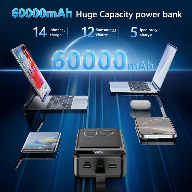 Alt view image 3 of 7 - Power Bank 60000mAh 22.5W Fast Charging Portable Charger with Flashlight 4 Outputs & 3 Inputs LED Display Huge Capacity External Battery Pack for Most Electronic Devices on The Market