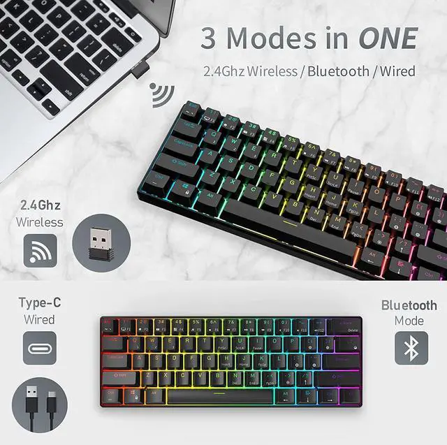 Alt view image 4 of 7 - Royal Kludge RK61 2.4Ghz Wireless / Bluetooth 5.1 / USB Wired 60% RGB Backlit Mechanical Gaming Keyboard - 61 Keys Ultra-Compact - Black ABS Keycap - Red Switch