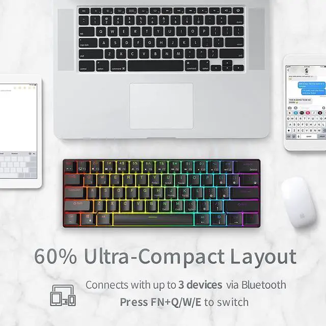 Alt view image 5 of 7 - Royal Kludge RK61 2.4Ghz Wireless / Bluetooth 5.1 / USB Wired 60% RGB Backlit Mechanical Gaming Keyboard - 61 Keys Ultra-Compact - Black ABS Keycap - Red Switch