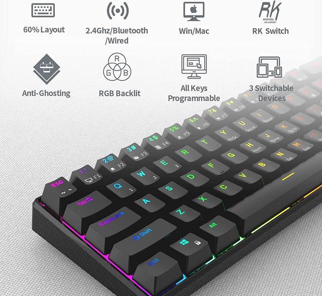 Royal Kludge RK61 2.4Ghz Wireless / Bluetooth 5.1 / USB Wired 60% RGB  Backlit Mechanical Gaming Keyboard - 61 Keys Ultra-Compact - Black ABS  Keycap - Blue Switch 