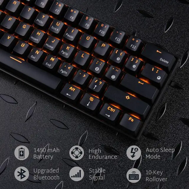 Alt view image 4 of 7 - Royal Kludge RK61 2.4Ghz Wireless / Bluetooth 5.1 / USB Wired 60% Yellow Backlit Mechanical Gaming Keyboard - 61 Keys Ultra-Compact - Black ABS Keycap - Red Switch