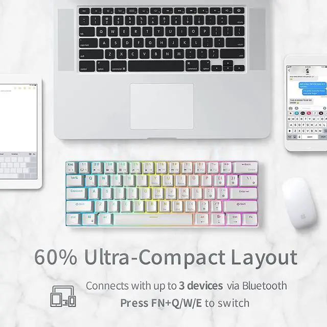 Alt view image 5 of 7 - Royal Kludge RK61 2.4Ghz Wireless / Bluetooth 5.1 / USB Wired 60% RGB Backlit Mechanical Gaming Keyboard - 61 Keys Ultra-Compact - White ABS Keycap - Red Switch