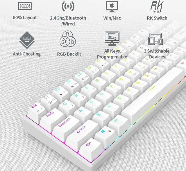 Alt view image 5 of 7 - Royal Kludge RK61 2.4Ghz Wireless / Bluetooth 5.1 / USB Wired 60% RGB Backlit Mechanical Gaming Keyboard - 61 Keys Ultra-Compact - White ABS Keycap - Blue Switch