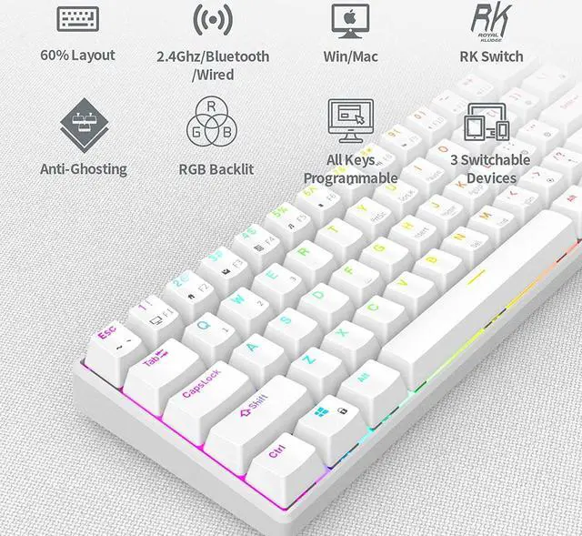 Alt view image 4 of 7 - Royal Kludge RK61 2.4Ghz Wireless / Bluetooth 5.1 / USB Wired 60% RGB Backlit Mechanical Gaming Keyboard - 61 Keys Ultra-Compact - White ABS Keycap - Red Switch