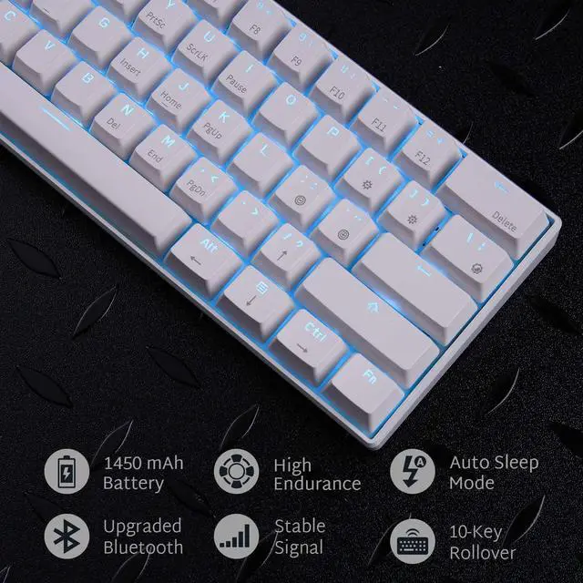 Alt view image 6 of 7 - Royal Kludge RK61 2.4Ghz Wireless / Bluetooth 5.1 / USB Wired 60% Blue Backlit Mechanical Gaming Keyboard - 61 Keys Ultra-Compact - White ABS Keycap - Red Switch