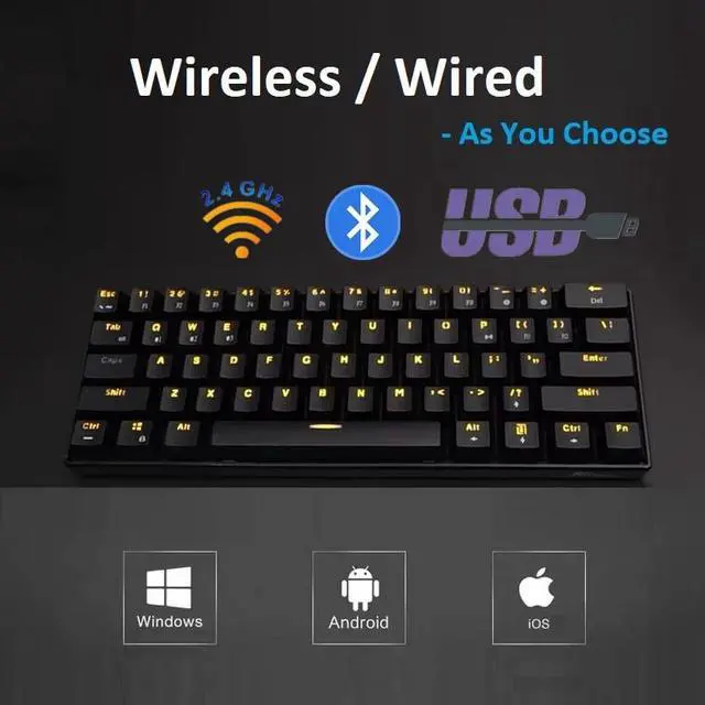 Alt view image 3 of 7 - Royal Kludge RK61 2.4Ghz Wireless / Bluetooth 5.1 / USB Wired 60% Yellow Backlit Mechanical Gaming Keyboard - 61 Keys Ultra-Compact - Black ABS Keycap - Red Switch