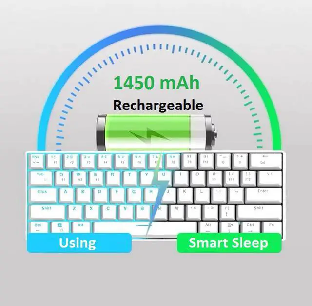 Alt view image 5 of 7 - Royal Kludge RK61 2.4Ghz Wireless / Bluetooth 5.1 / USB Wired 60% Blue Backlit Mechanical Gaming Keyboard - 61 Keys Ultra-Compact - White ABS Keycap - Red Switch