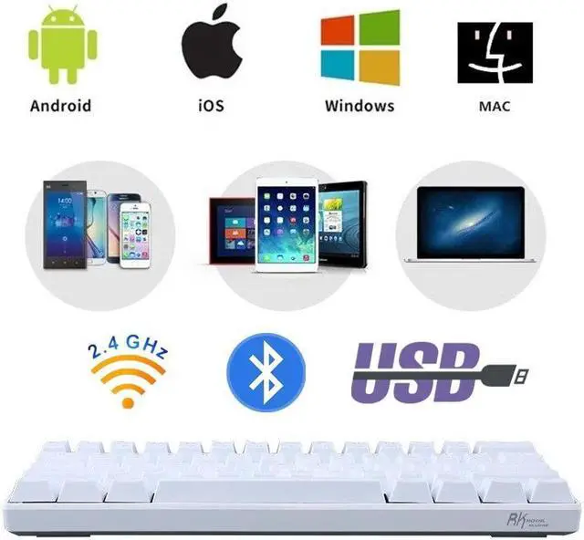 Alt view image 3 of 7 - Royal Kludge RK61 2.4Ghz Wireless / Bluetooth 5.1 / USB Wired 60% Blue Backlit Mechanical Gaming Keyboard - 61 Keys Ultra-Compact - White ABS Keycap - Red Switch