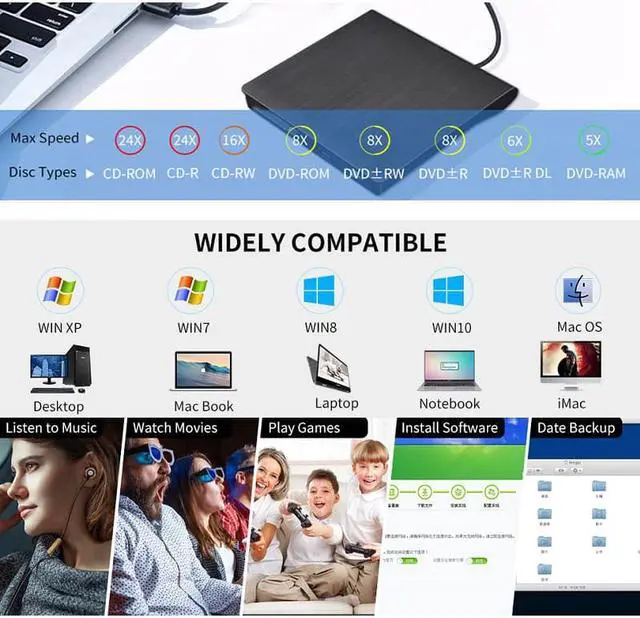 Alt view image 4 of 7 - USB 3.0 Portable Lightscribe External Optical Drive Slim CD/DVD +/-RW Burner Player - Brushed Metal Texture - Plug and Play - for Mac PC Windows11/10/8/7 Linux OS