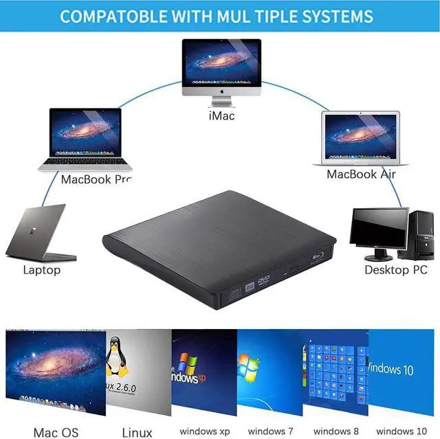 Alt view image 6 of 6 - Portable External 3D Blu-ray Drive Slim USB 3.0 and Type-c Bluray CD/DVD Burner Blu Ray Player - Supports Burning Blu-ray Disc - Brushed Metal Texture - for Mac PC Windows11/10/8/7 Linux OS