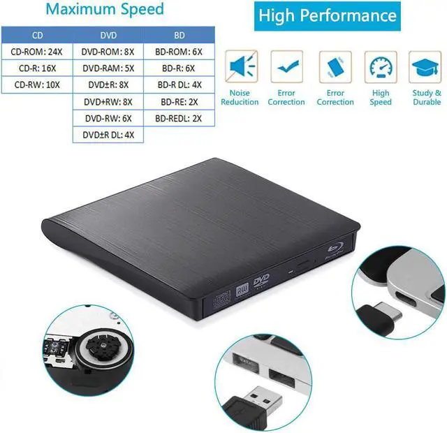 Alt view image 2 of 6 - Portable External 3D Blu-ray Burner Slim USB 3.0 and Type-c Bluray CD/DVD Drive Blu Ray Player - Supports Burning Blu-ray Disc - Brushed Metal Texture - for Mac PC Windows11/10/8/7 Linux OS