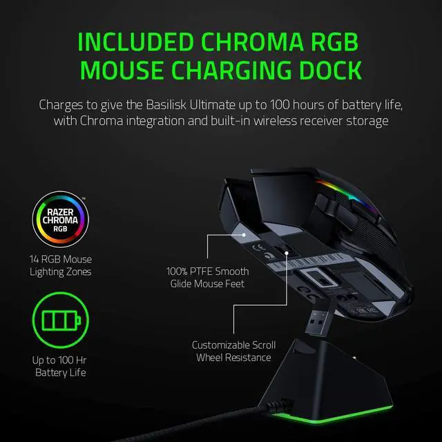 Alt view image 4 of 6 - Basilisk Ultimate HyperSpeed Wireless Gaming Mouse with Charging Dock: Fastest Gaming Mouse Switch - 20K DPI Optical Sensor - Chroma RGB - 11 Programmable Buttons - 100 Hr Battery - Black
