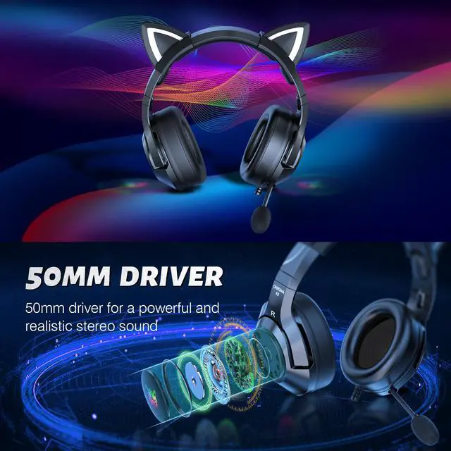 Alt view image 2 of 7 - K9 Gaming Headset with Removable Cat Ears, for PS5, PS4, Nintendo Switch, PC, with Surround Sound, RGB LED Light & Noise Canceling Retractable Microphone